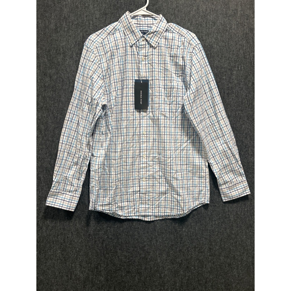 Double Pump Button Down Shirt Mens Medium Blue Plaid New Long Sleeve Cotton
